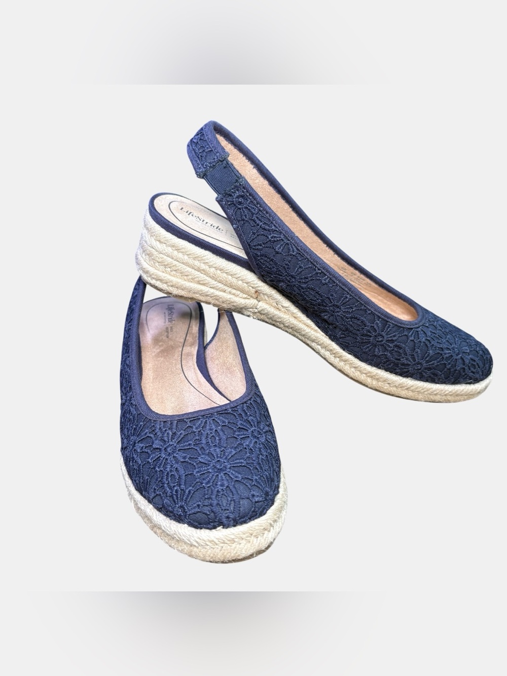 LifeStride Navy Floral Lace Slingback Espadrille Wedge Shoes Women’s 9M Comfort